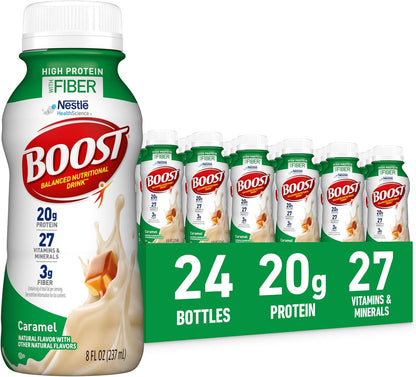 Boost High Protein with Fiber Chocolate Nutritional Shake 24-pack, showing the chocolate-flavored protein shake bottles
