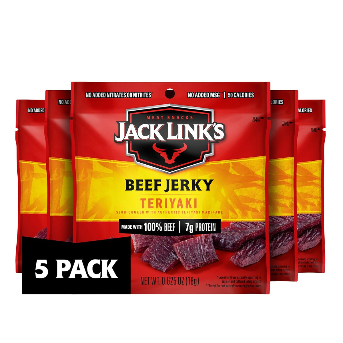 Jack Link's Teriyaki Beef Jerky Multipack with five 0.625 oz packs, showcasing the savory beef jerky slices in a clear view