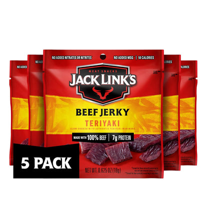 Jack Link's Beef Jerky Variety Pack featuring original and teriyaki flavors, 9-pack of 1.25 oz bags, with beef jerky images.
