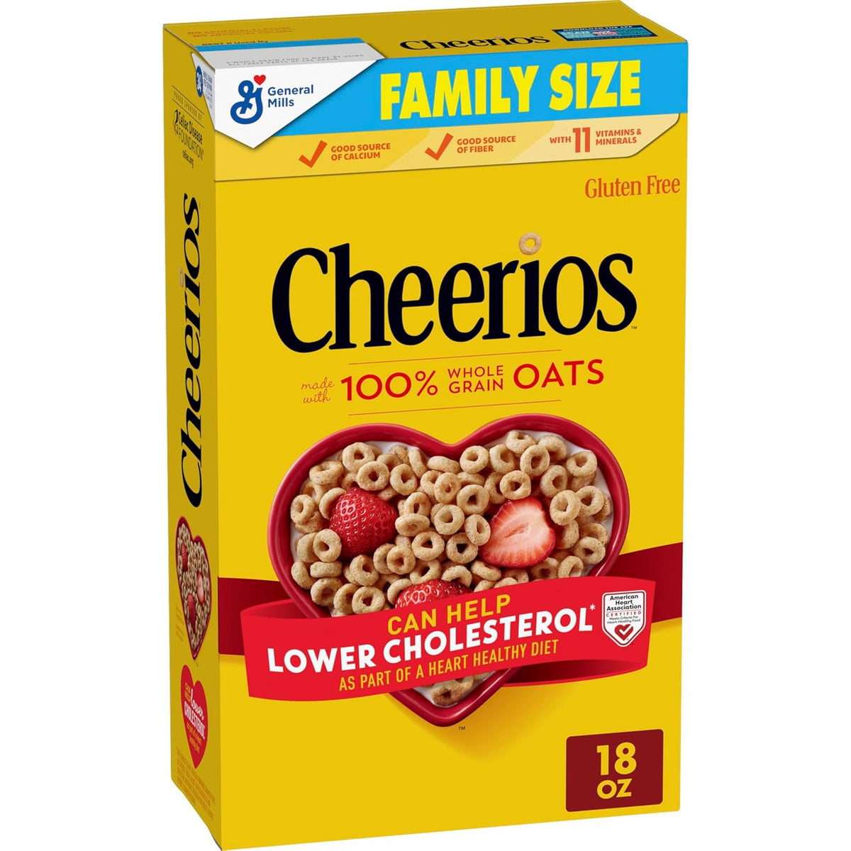 Cheerios gluten free breakfast cereal in family size 18 oz box, featuring toasted oat rings on the front of the box.