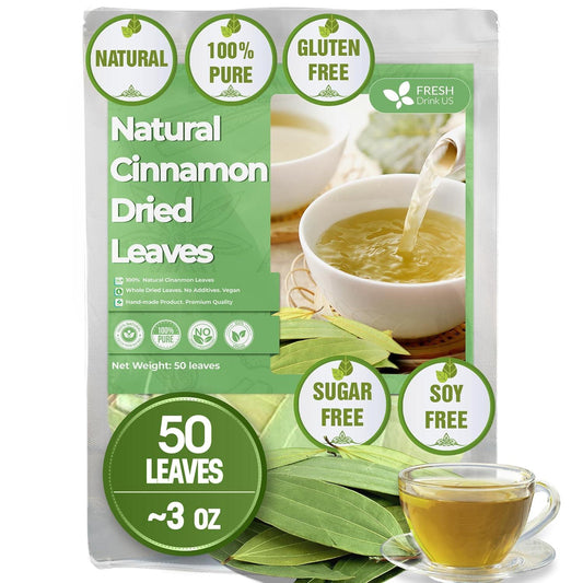 FreshDrinkUS natural cinnamon leaf tea in a cup with cinnamon leaves, showcasing herbal tea with cinnamon flavor.