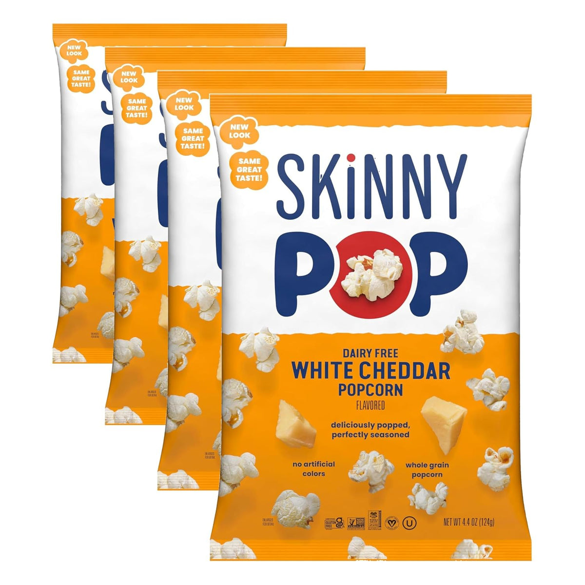 BACKUPMYFILESNOW® SkinnyPop white cheddar gluten-free popcorn in an 8 oz bag, showcasing a bag of whole grain snack popcorn.