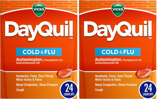 Vicks DayQuil Cold & Flu Medicine box with 24 liquicaps, featuring packaging and product information for non-drowsy multi-symptom relief.
