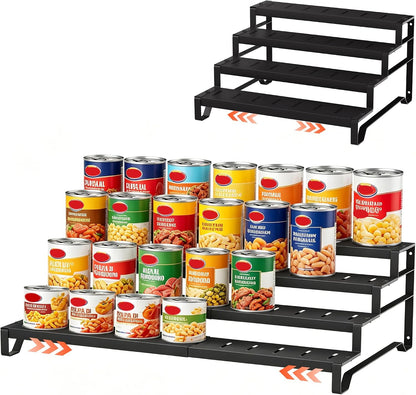 Expandable Attelite can organizer for pantry with 3-tier metal design, ideal for canned food storage and organization.