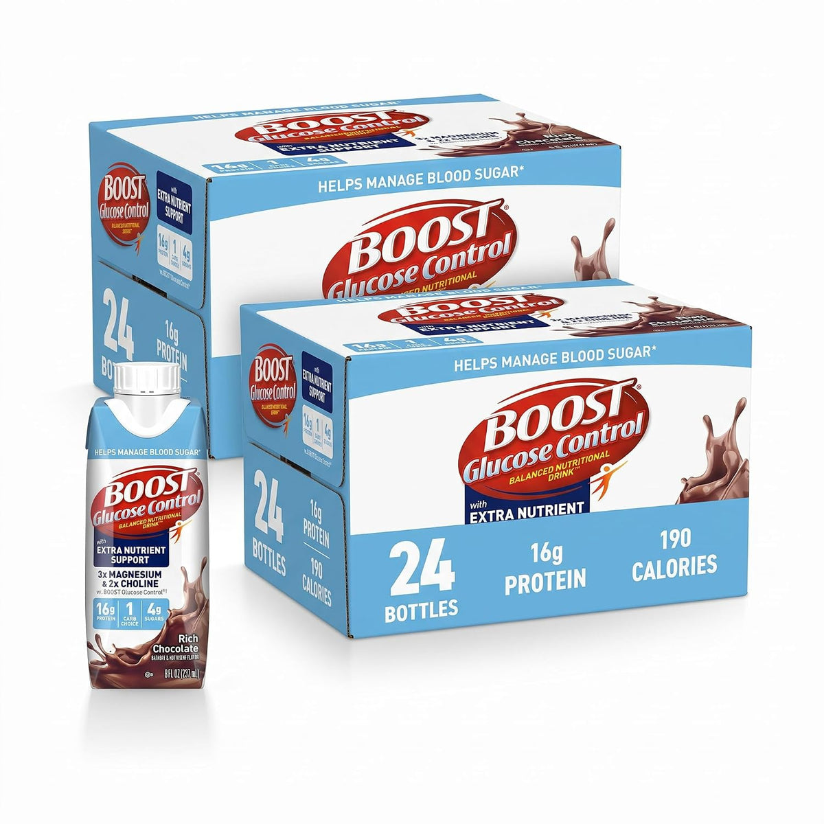 BOOST Glucose Control chocolate protein drink in 8 fl oz bottle, ready-to-drink nutritional beverage with a rich chocolate flavor.