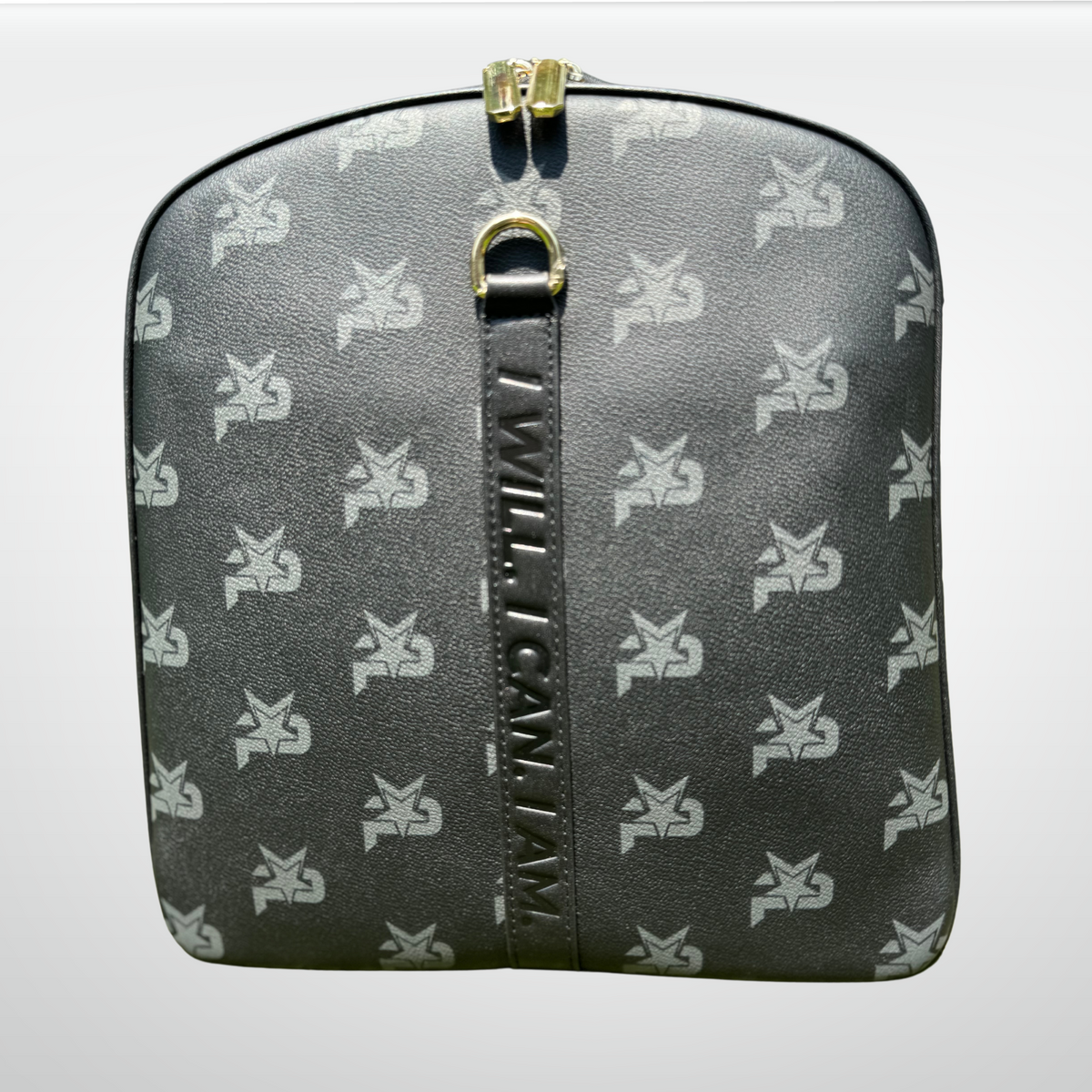 Black leather I AM monogram training duffel bag from iReliev, luxury fitness bag with sturdy handles and spacious interior.