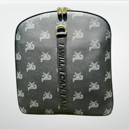 Black leather I AM monogram training duffel bag from iReliev, luxury fitness bag with sturdy handles and spacious interior.