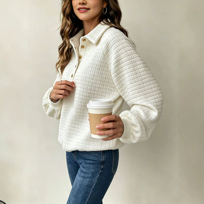 Women's textured pullover sweatshirt with turn-down collar, front view
