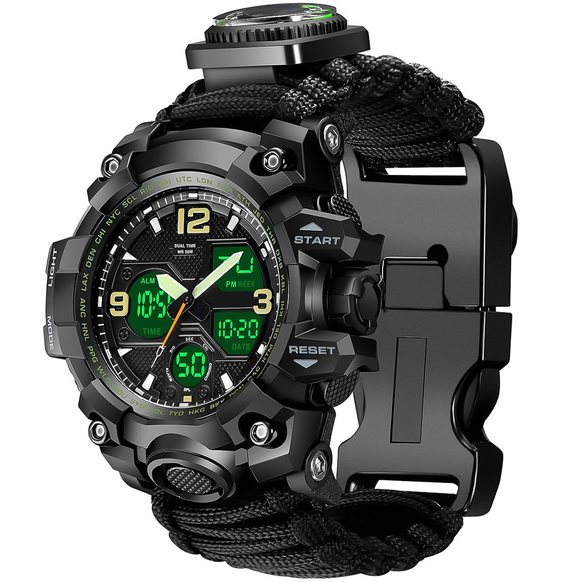 Waterproof dual-display electronic tactical watch with digital face and rugged black design by My Store