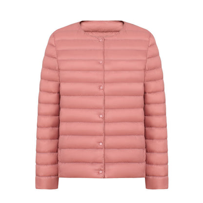 Women's lightweight white duck down jacket with quilted design and zip front