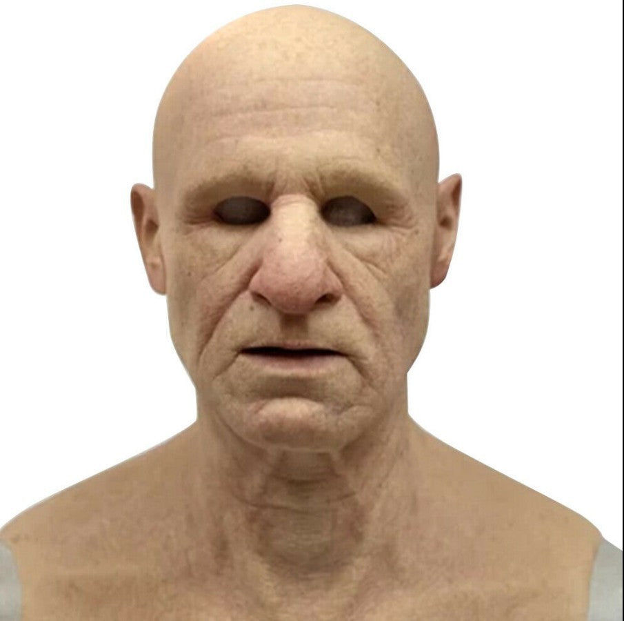 Old man Halloween mask with white hair, white beard, and headgear