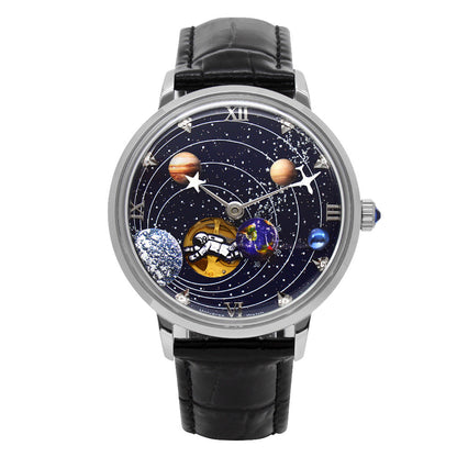 Men's mechanical watch with hollowed-out design and leather strap