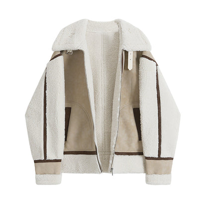 Women's fashion fur integrated short coat in a neutral tone, front view