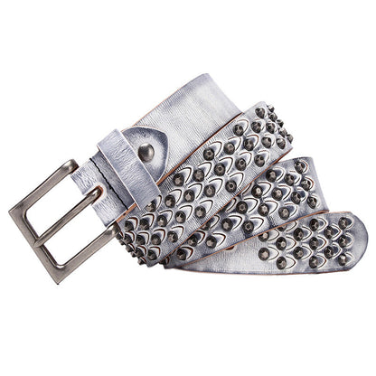 Women's distinctive rivet belt made of full-grain cowhide leather, featuring decorative metal studs