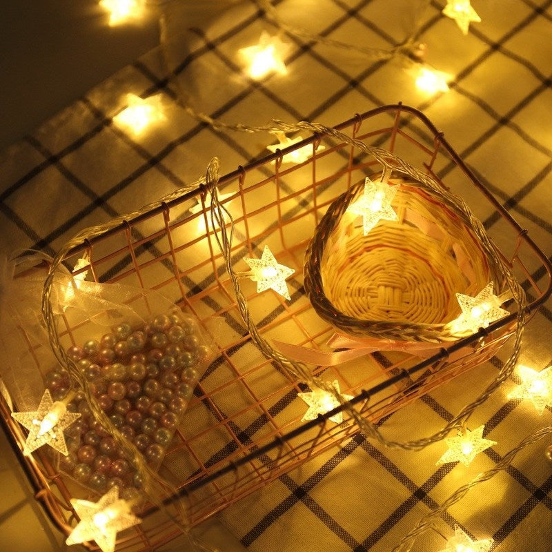 Room layout with LED lantern flashing string lights and starry accents.