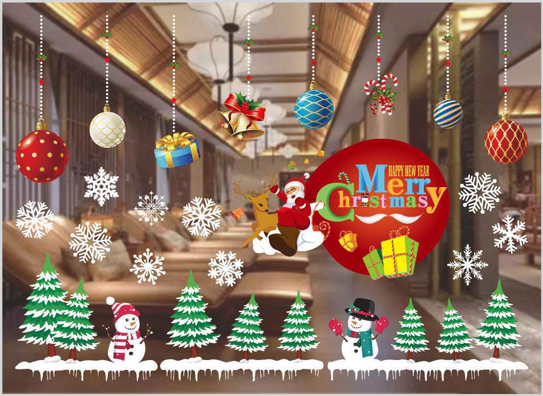 Christmas decorations store window stickers featuring festive holiday designs for seasonal glass display decor