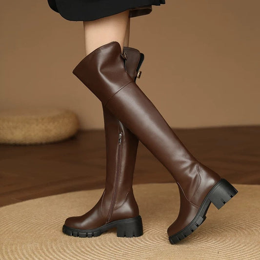 Autumn winter chunky-heeled thigh-high boots with thick heels in a tall, sleek design