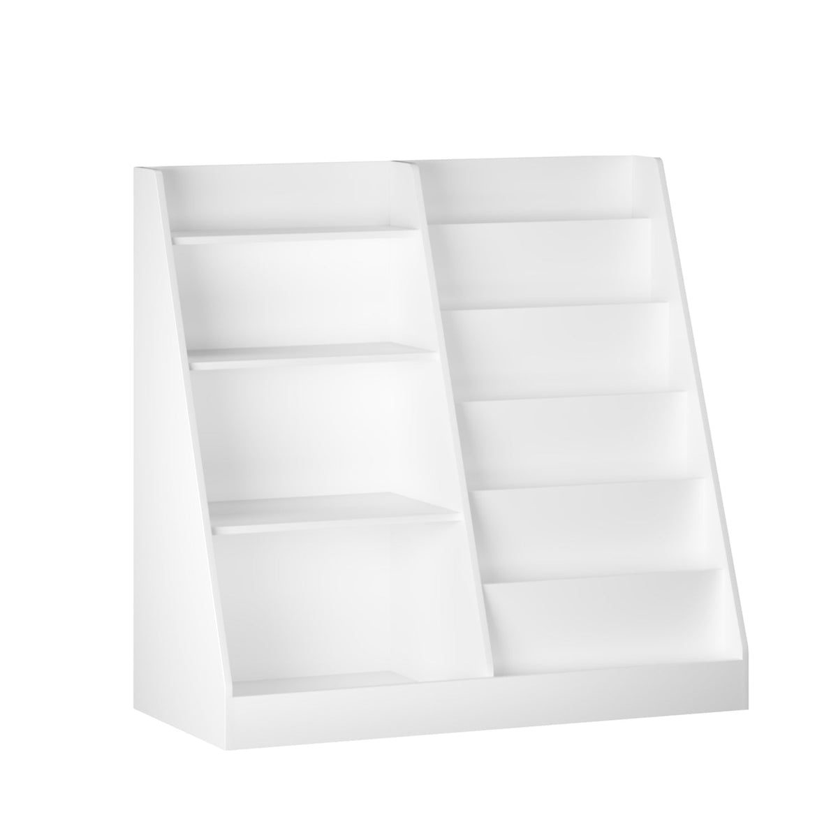 Wooden kids bookshelf with toy storage organizer, 34.65 inches tall, featuring open shelves and compartments for children’s books and toys.