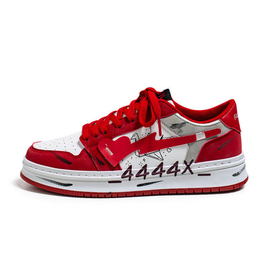 Distressed graffiti skateboard shoes men's sneakers in a bold streetwear design