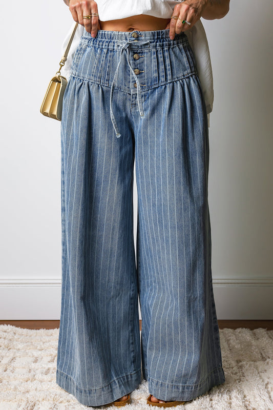 Light blue Sutton casual wide-leg jeans by Threaded Pear with relaxed fit and classic denim styling.
