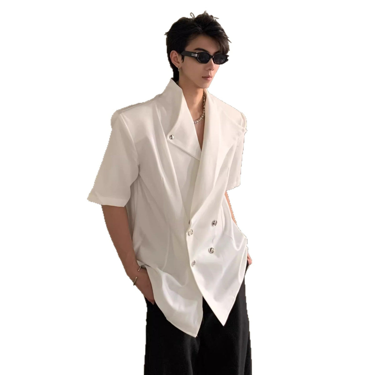 Men's irregular-design shoulder-padded summer shirt in a lightweight style, front view