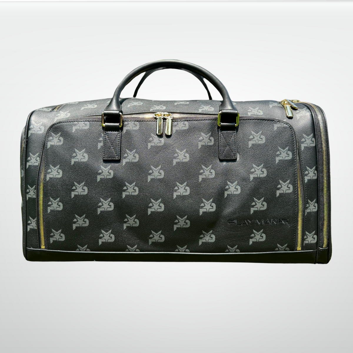 Black leather I AM monogram training duffel bag by iReliev, luxury fitness bag with sturdy handles and spacious interior.