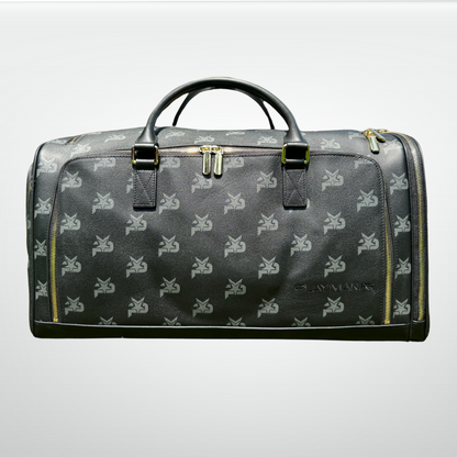 Black leather I AM monogram training duffel bag by iReliev, luxury fitness bag with sturdy handles and spacious interior.