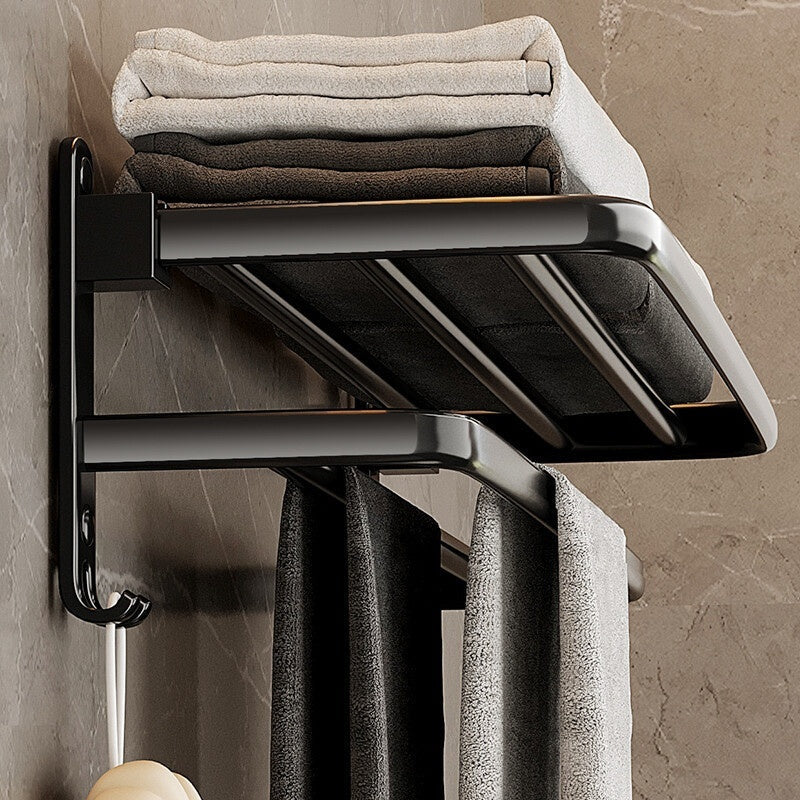 Black bathroom towel rack, wall-mounted pendant design with horizontal bar for hanging towels
