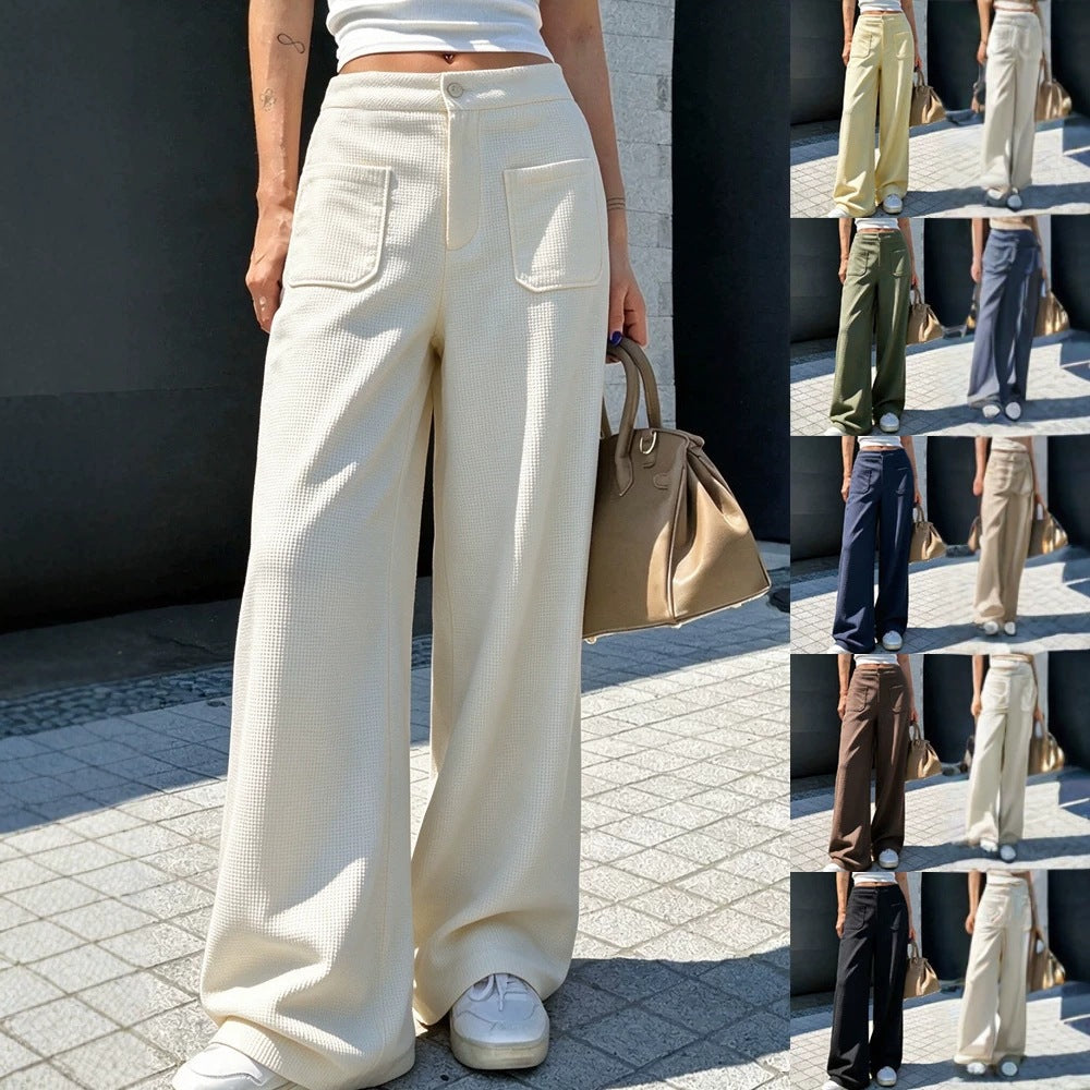 Women's casual loose-fit waffle-knit multi-color wide-leg pants in textured fabric