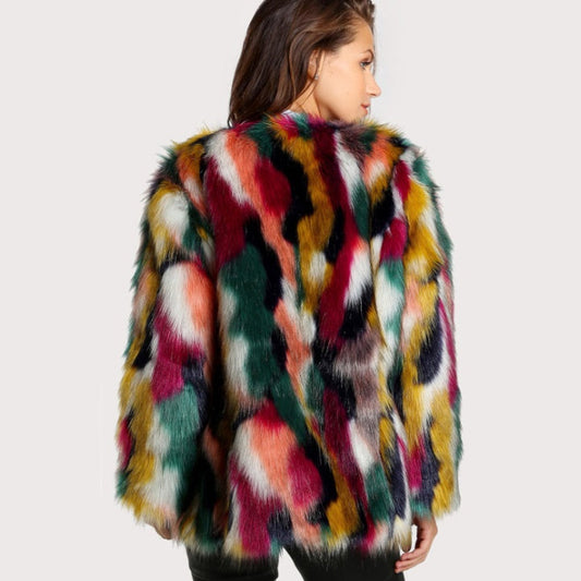 Colorful women's faux fur coat with long sleeves and collarless design in winter style