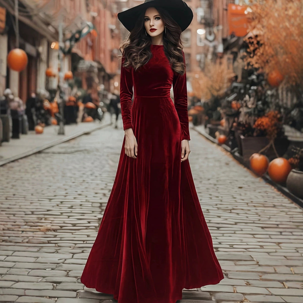 Women's Halloween long-sleeve long velvet dress by My Store in a full-length style