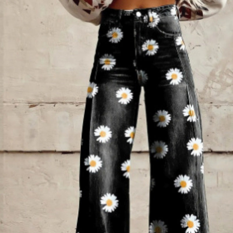 Women's thin faux denim straight-leg pants by My Store, shown in a classic full-length design