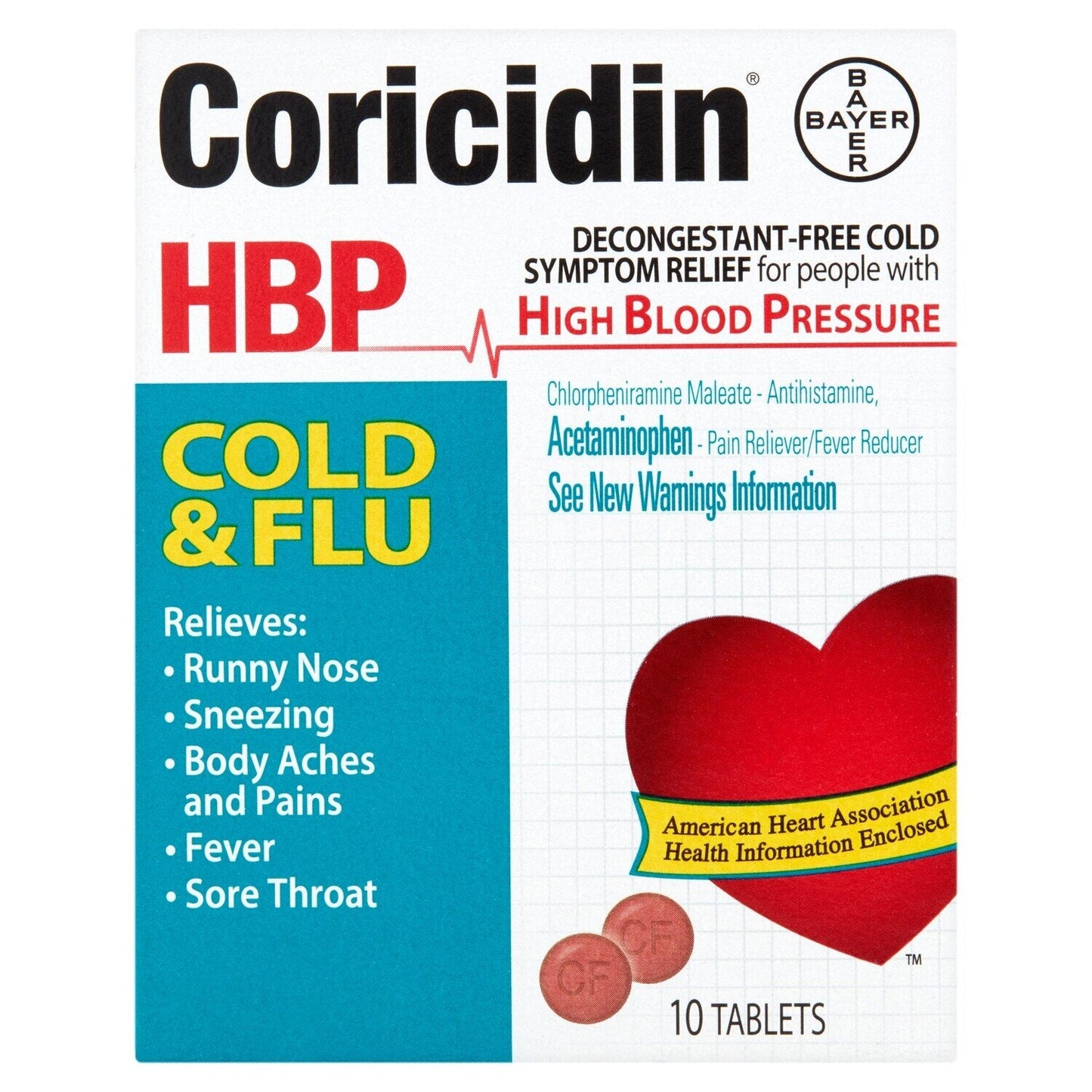Coricidin HBP Cold & Flu Relief, Decongestant-Free Tablets, 10 ct