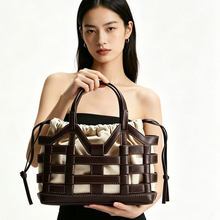 Creative hollowed-out niche large-capacity drawstring patchwork tote bag in detailed woven design