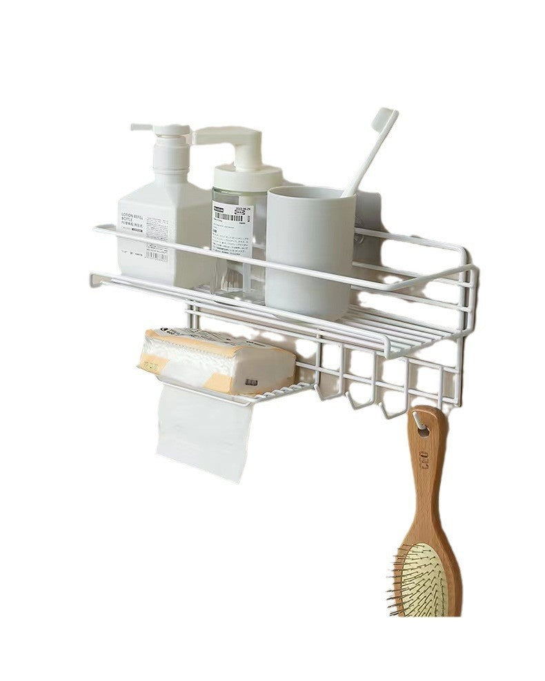 Punch-free bathroom storage rack for wall-mounted toiletries, adhesive installation, compact design