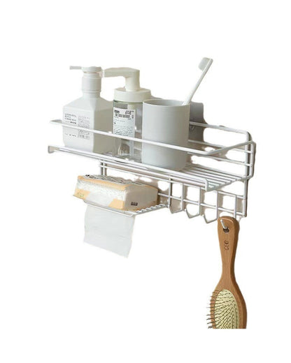 Punch-free bathroom storage rack for wall-mounted toiletries, adhesive installation, compact design