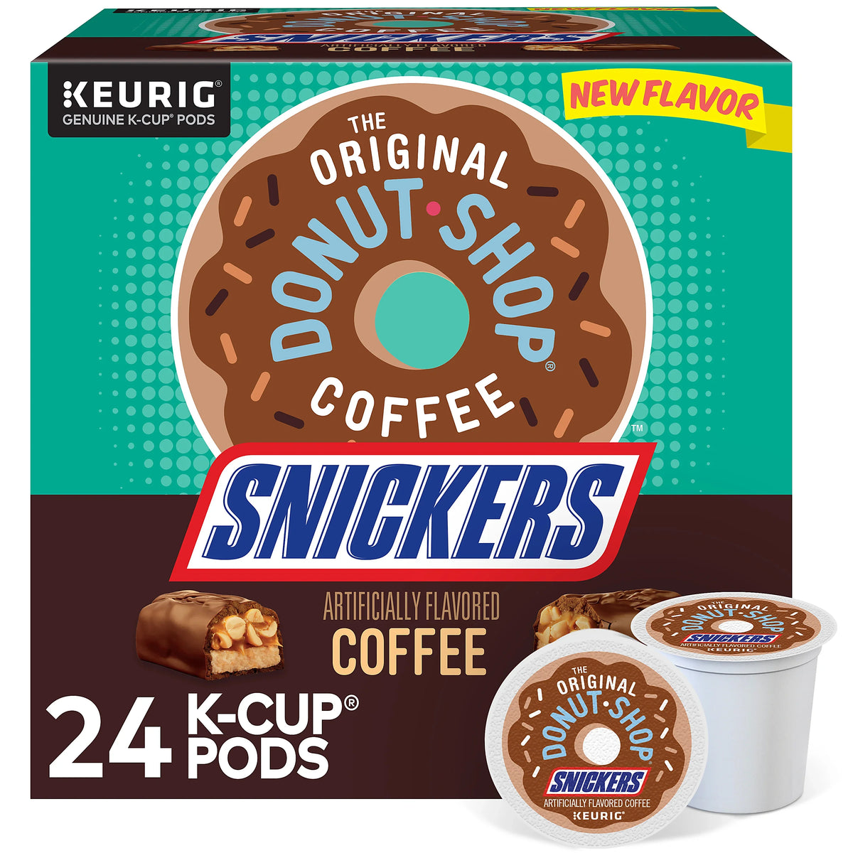 KupofK Coffee The Original Donut Shop Snickers K-cup box showing individually packaged coffee pods in a bulk box.