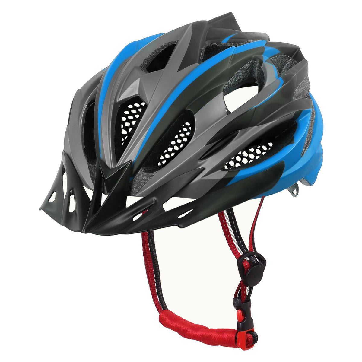 Outdoor riding bicycle helmet, side view in black and gray<|end|>