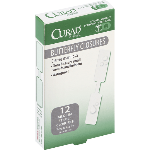 Pack of 12 Curad® Medium Sterile Adhesive Butterfly Closures, 1-3/4" x 3/8", for first aid wound care.