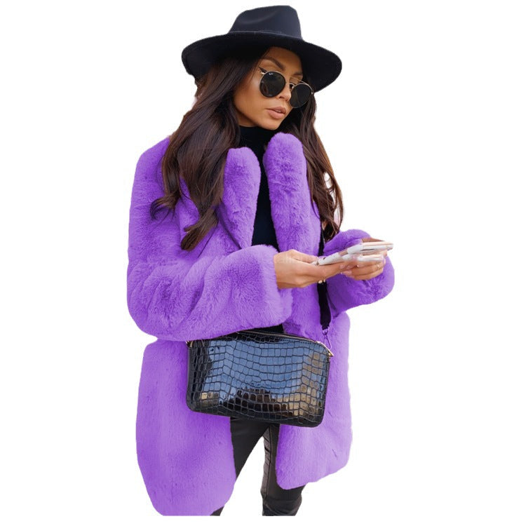 Women's long sleeve lapel faux fur coat in solid color, textured fur design