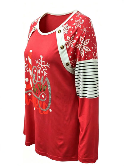 Women's Christmas letter print color-block buttoned long-sleeve top by My Store