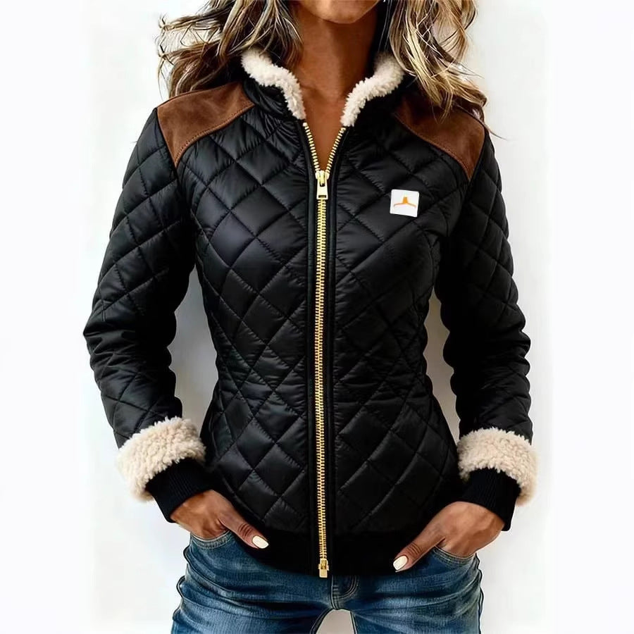 Women's quilted jacket with fur trim and zipper closure, front view