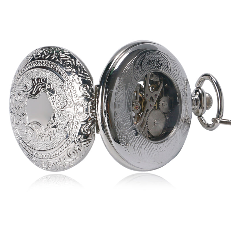 Mechanical pocket watch with classic dial, Roman numerals, and ornate metal case