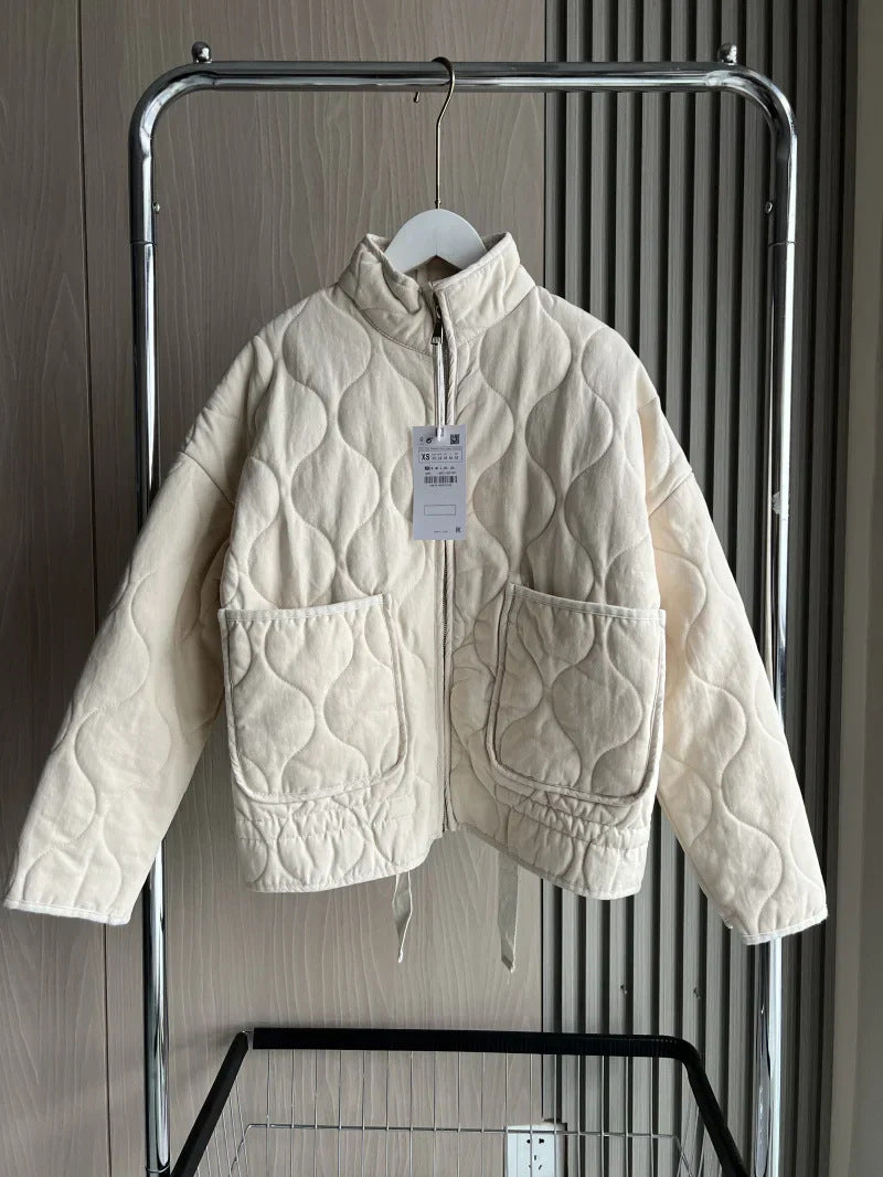 Women's diamond-quilted cotton jacket in a new arrival style, shown in detail.