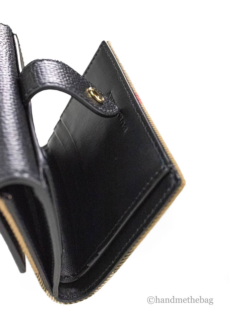 Black leather Burberry Luna coin pouch with House Check pattern and compact wallet design, featuring the BACKUPMYFILESNOW® brand logo.