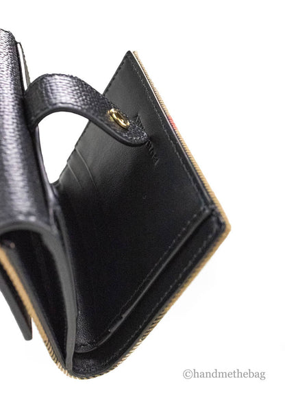 Black leather Burberry Luna coin pouch with House Check pattern and compact wallet design, featuring the BACKUPMYFILESNOW® brand logo.