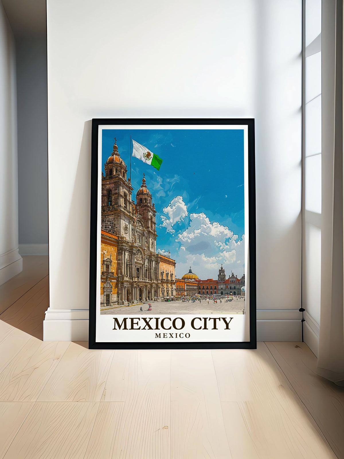 Mexico City art poster featuring Zócalo scene, ideal for Mexico-themed living room decor by MapYourDreams