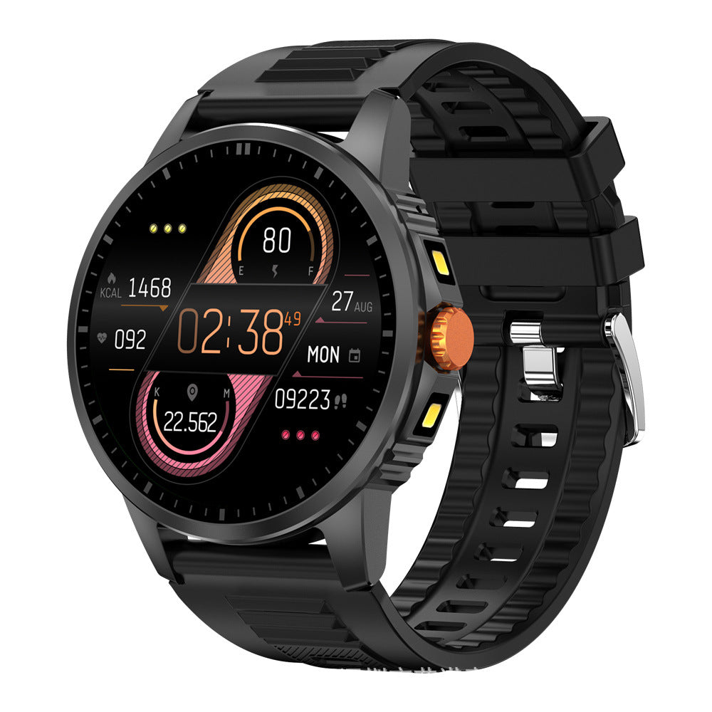 V5 round-screen smartwatch with dual flashlight and Bluetooth functionality, black wristband sealed.
