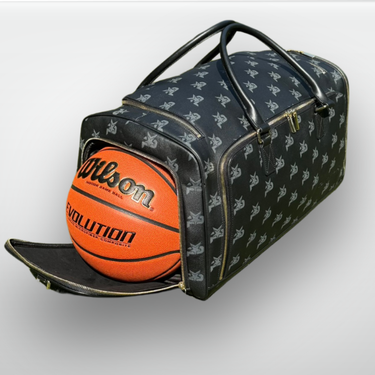 Black leather monogram training duffel bag from iReliev's luxury fitness collection, featuring sleek design and sturdy handles.