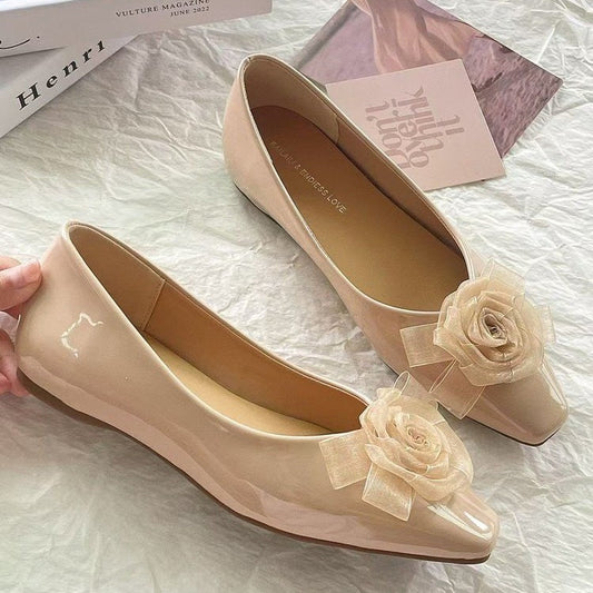 2026 summer women's French-style patent leather square-toe flats with 3D mesh rose and slip-on ballet design